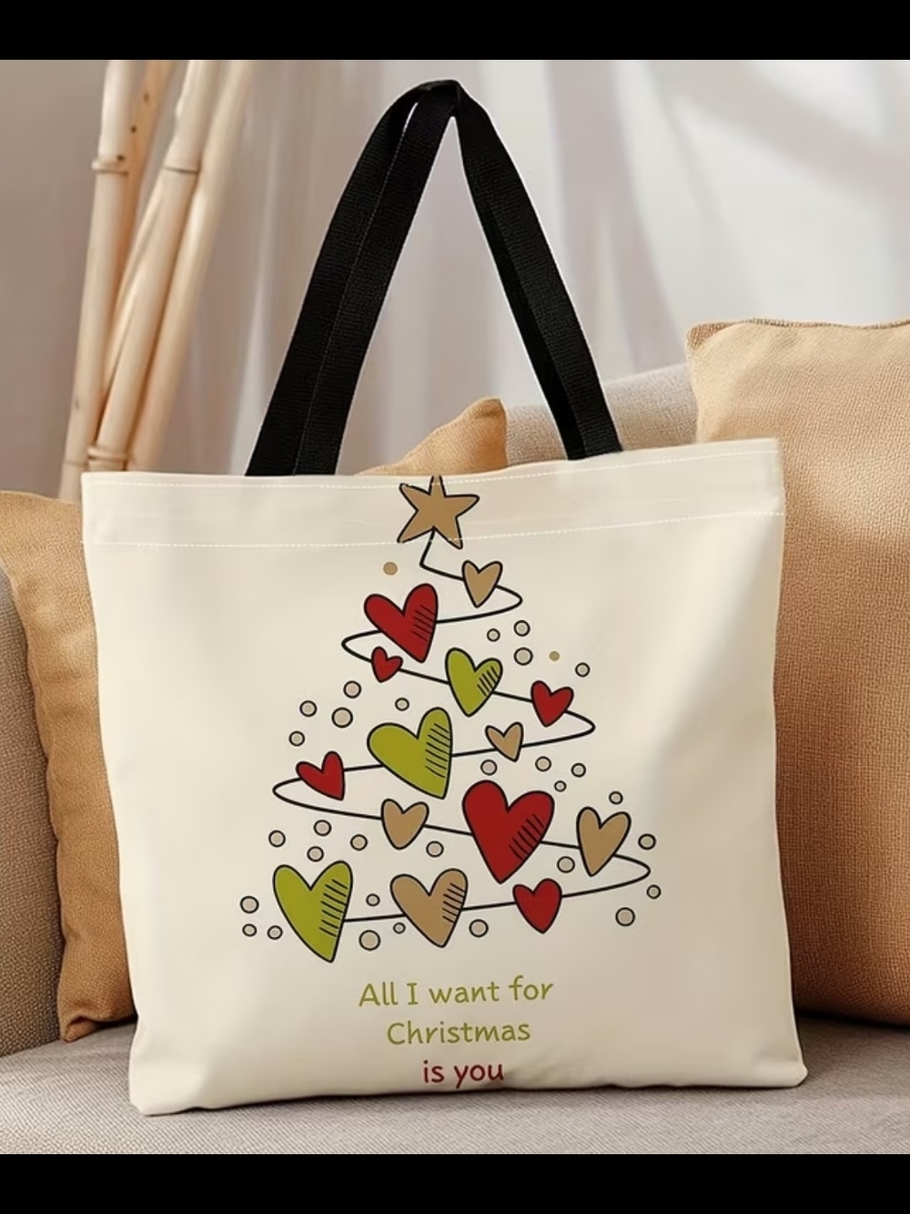 Holiday Heart Tree Canvas Tote with Black Handles